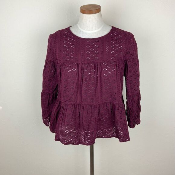 Madewell Eyelet Tiered Button-Back Top - Burgundy - Picture 2 of 7